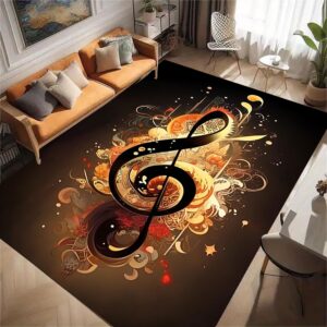 ushirug modern note area rug, 6x8ft, black note gold floral fashion art large rug, indoor non-slip girls bedroom rug, washable soft low pile rug suitable for living room hallway music room