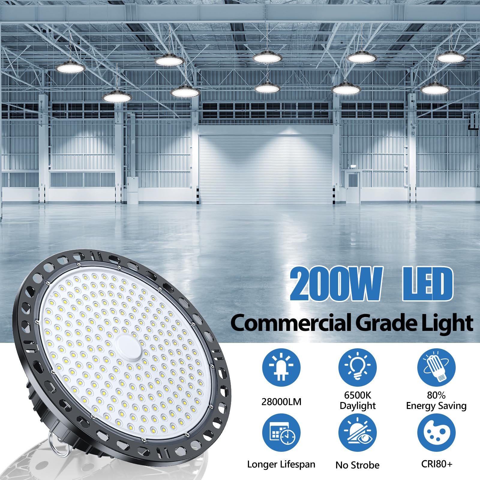 200W High Bay LED Light 2 Pack, 28000LM High Bay LED Shop Lights with 6.56FT Cable US Plug, 11.8in Metal Chain, Driver, UFO LED Light 6500K IP65 Commercial Bay Lighting for Warehouse Shop GYM