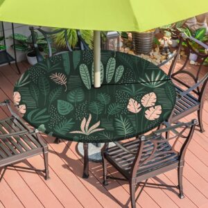 Britown Tropical Palm Leaf Round Outdoor Tablecloth With Umbrella Hole, Fitted Table Cover With Zipper, Outdoor Camping Essentials, Waterproof Umbrella Table Cloth with elastic (45''-54'')