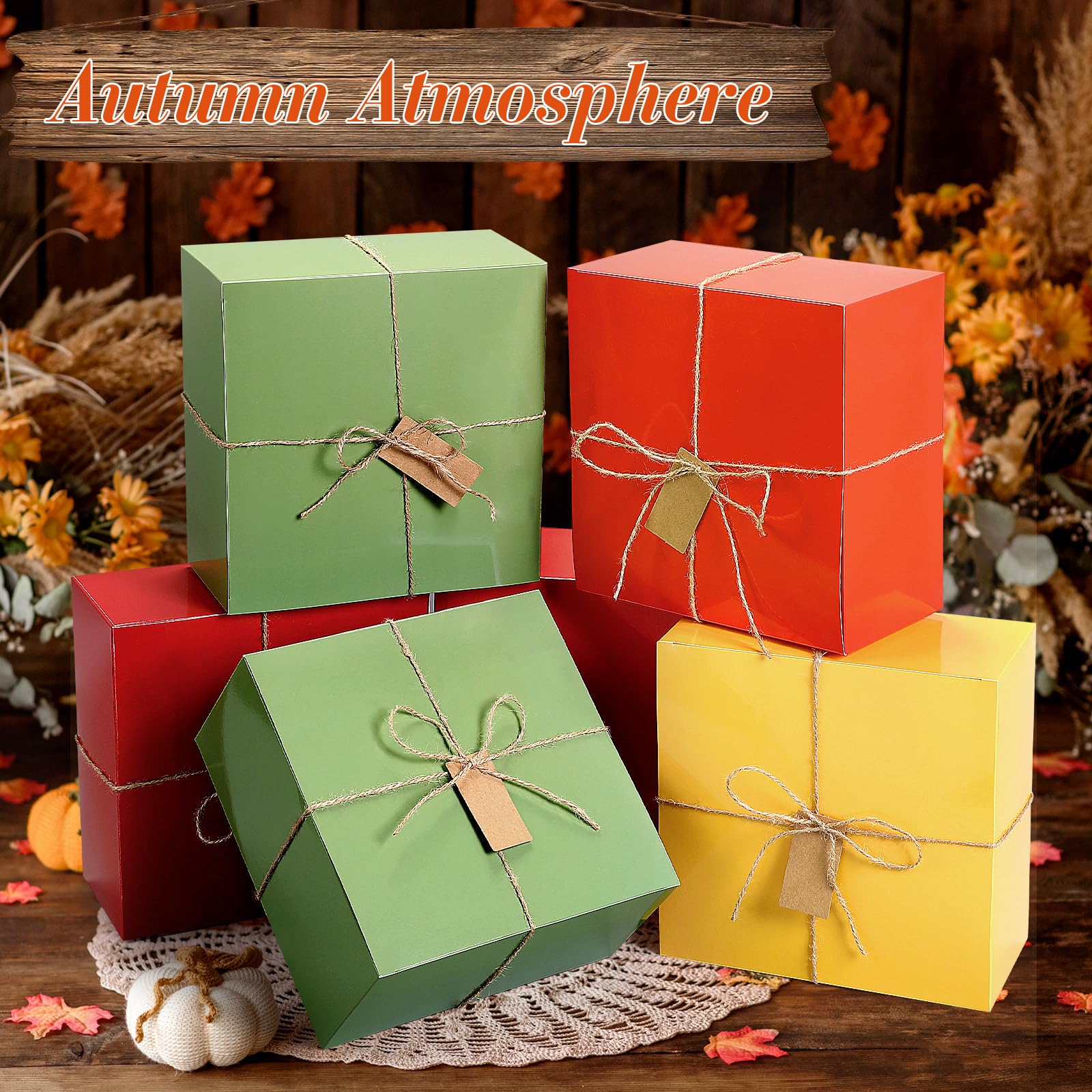 Lincia 12 Set 8'' x 8''x 4'' Fall Gift Boxes Thanksgiving Square Cardboard Box with Lid Bulk Bridesmaid Proposal Gift Box with Jute Rope and Tag for Women Gift Wrapping