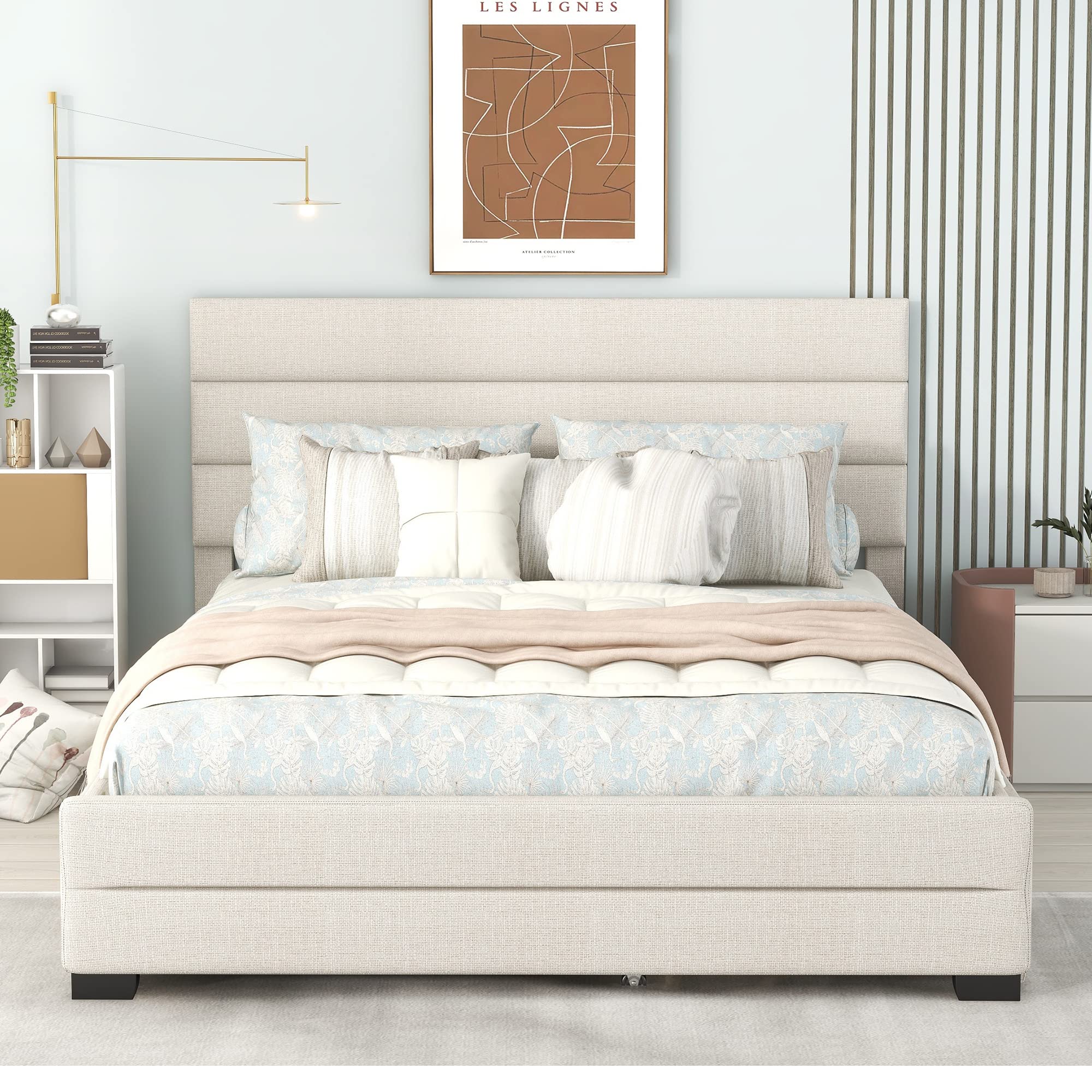 Harper & Bright Designs Queen Size Bed with 2 Storage Drawers & a Twin Trundle, Upholstered Platform Frame with Tufted Headboard, Linen Fabric, No Box Spring Needed,Beige