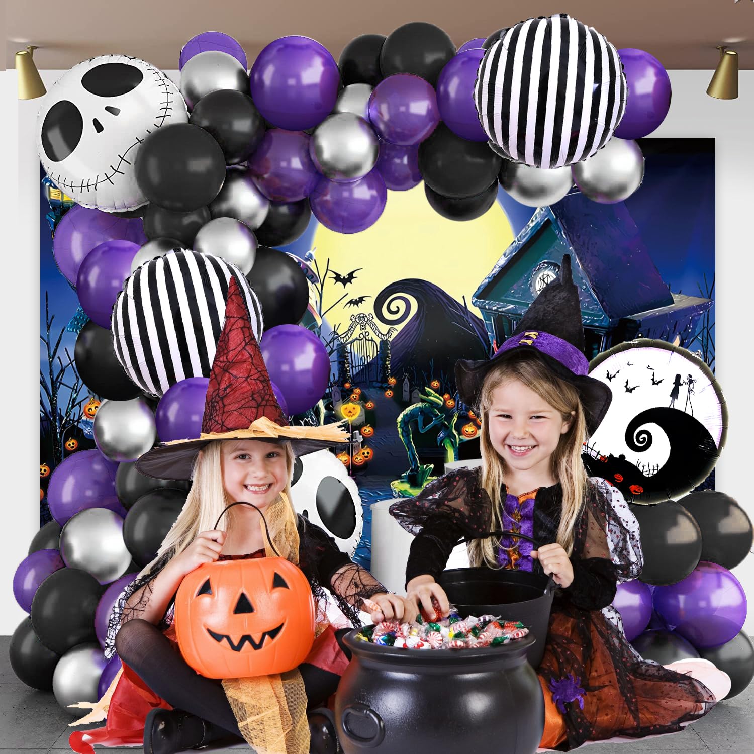 Nightmare Before Christmas Balloons Decorations Skull Halloween Party Decorations Balloon Garland Kit Purple Black Balloon Arch with Skull Balloons for Halloween Birthday Baby Shower Decorations