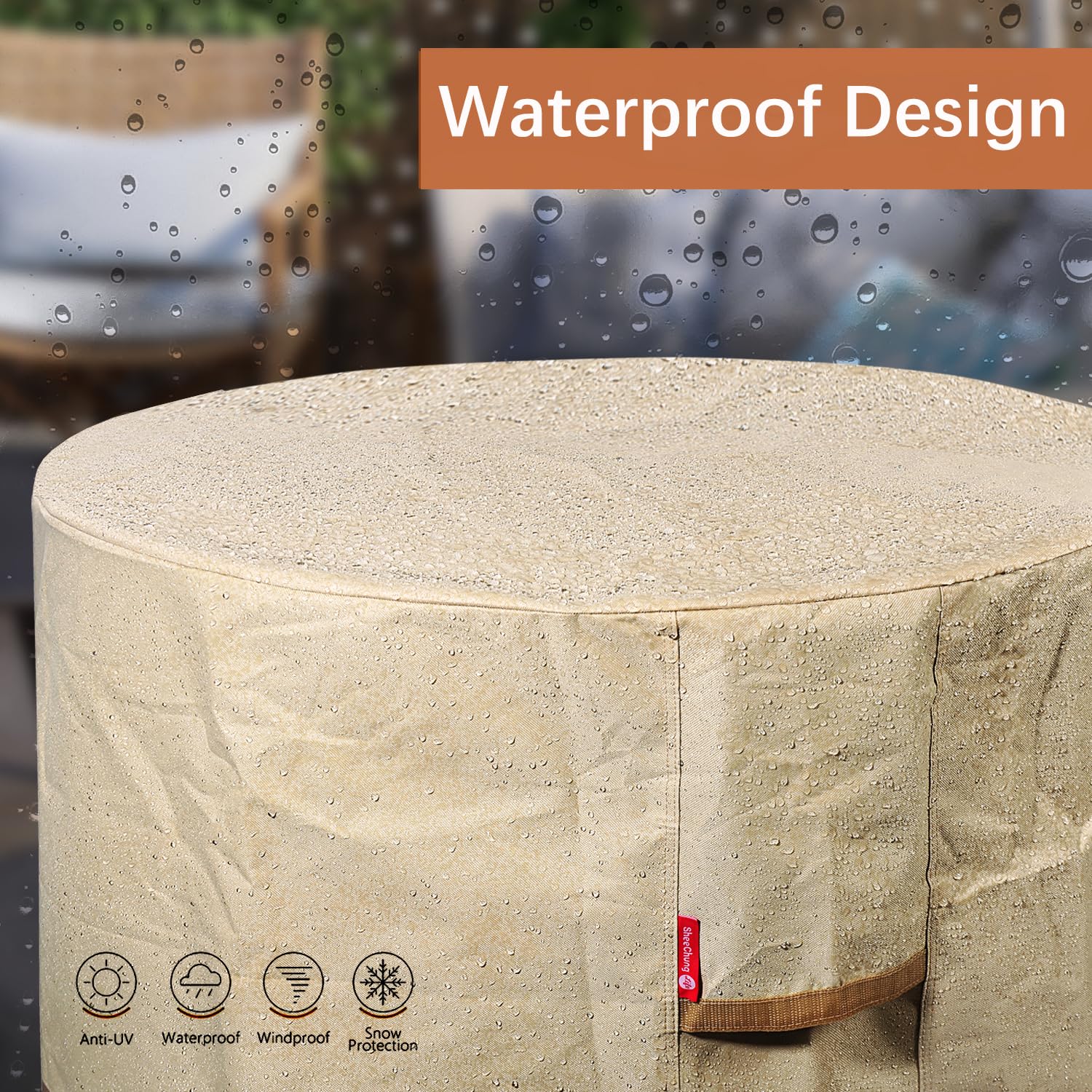 SheeChung Fire Pit Cover Round 44" D x 24" H Waterproof 600D Heavy Duty Patio Gas Fire Pit Cover Shelter Fits 40-44 Inch Outdoor Firepit Table Beige