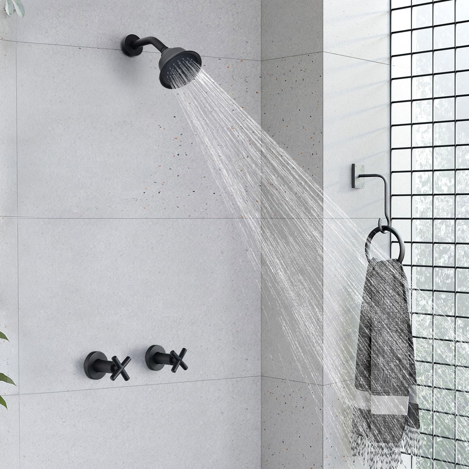 KAPHOME 2 Handle Shower Faucet,Wall Mounted Two Handles Shower Faucet Set with 3 Modes Rainfall Shower Head,2 Knobs Single Function Shower Trim Kit with Rough-in Valve,Matte Black,1A3MK