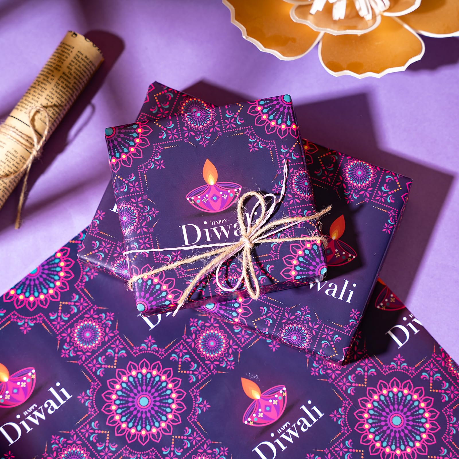 RUSPEPA Diwali Wrapping Paper Roll - Mini Roll - Purple Oil Lamp Pattern Great for Diwali, Holiday and Party - 17 Inches X 32.8 Feet