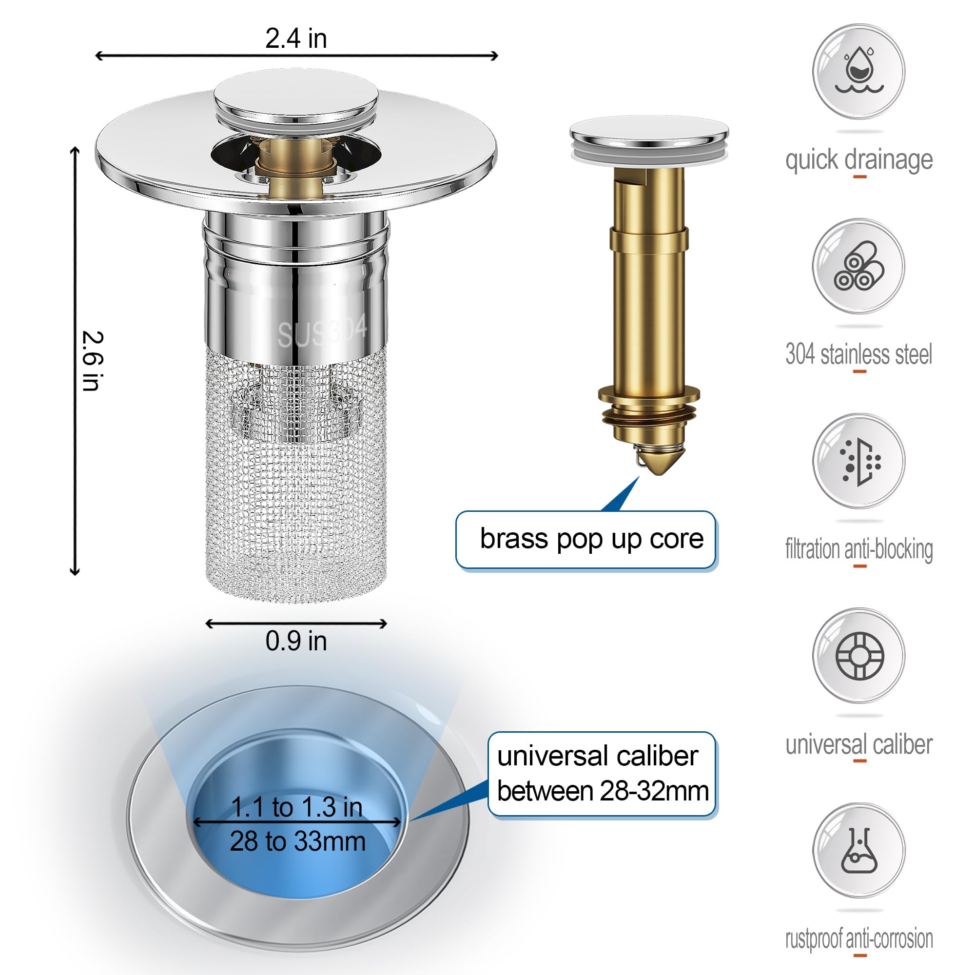 2 Pack Pop Up Bathroom Sink Stopper, Universal Bathroom Sink Drain Strainer with Removable Anti-Clogging Filter Basket, Bathroom Drain Stopper for 1.1"-1.3" Basin Drain Holes