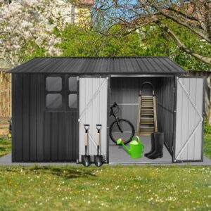 Jintop 10x8 FT Metal Frame Garden Sheds with Lockable Doors and Window,Outdoor Single-Storey Roofed Storage Shed,w/Waterproof Roofs,for Storing Bicycles,Lawnmowers,Barbeques,Dark-Grey