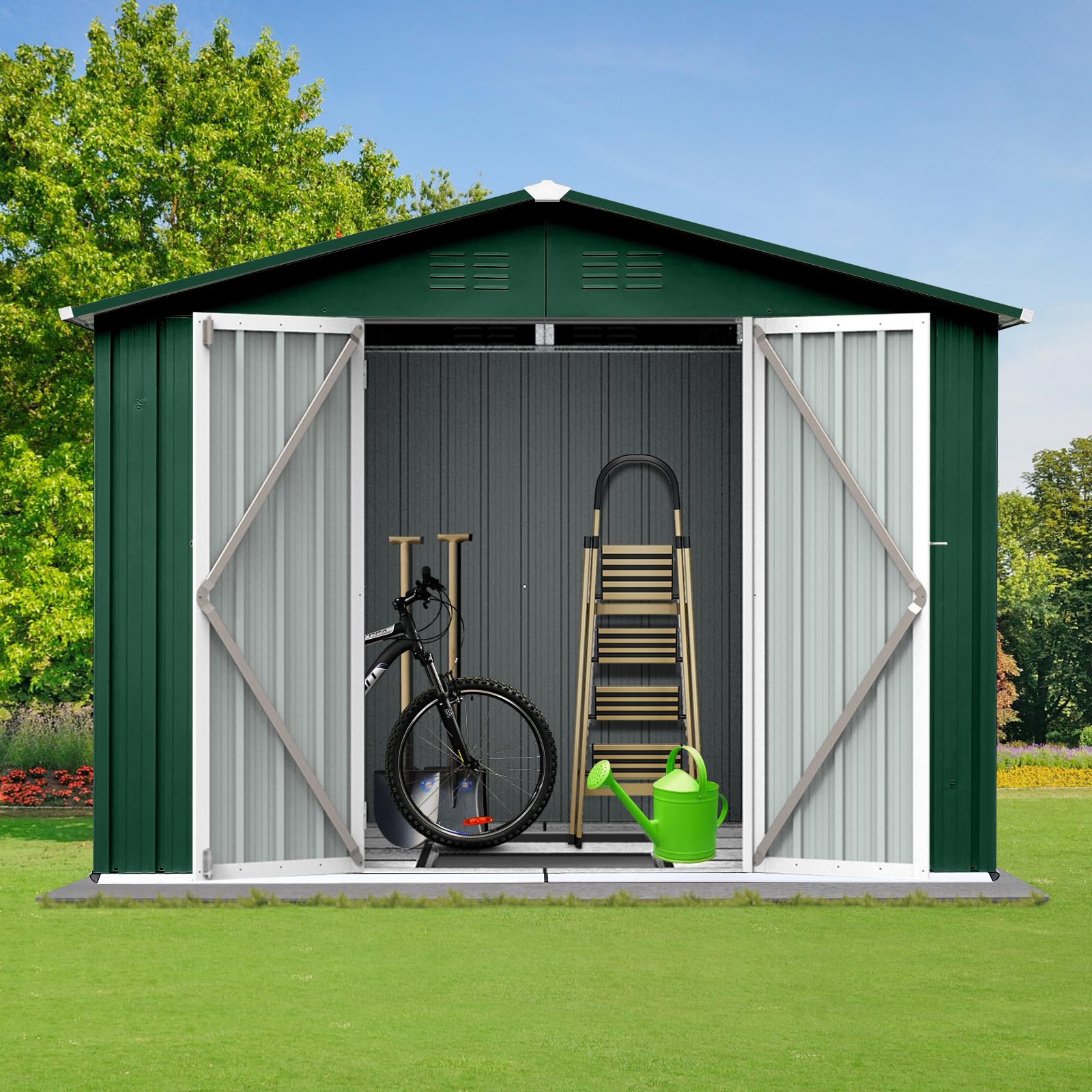 Jintop 6x8 FT Outdoor Storage Shed with Punched Vents and Hinged Door/Padlock,Metal Aluminum Garden Sheds w/Waterproof Roofs,Easy to Assemble,for Bike, Barbeque,Tool,Green+White