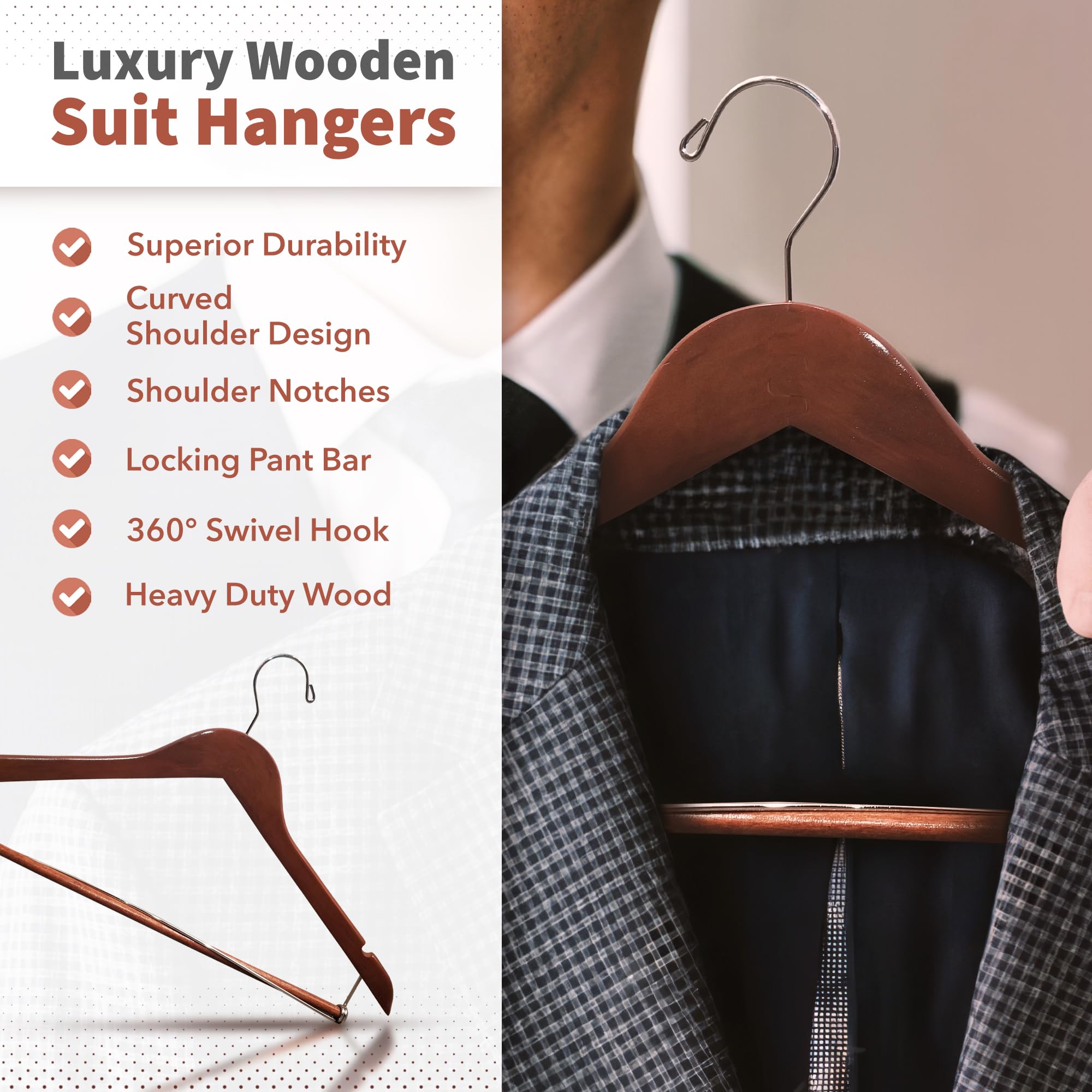 DEILSY™ Suit Hangers for Men with Open Bar 5 Pack - Premium Brown Wooden Pants Hangers - Durable Suit Hangers for Closet Organization - Jacket Hanger Wide Thick Hangers Wood Clothes Hangers