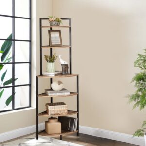 JOIN IRON Freestanding Corner Shelf, Industrial Style 6-Layer Corner Bookshelf with Metal Frame, Suitable for Corner bookcases in Small Spaces, bedrooms, Living Rooms, Rustic Brown