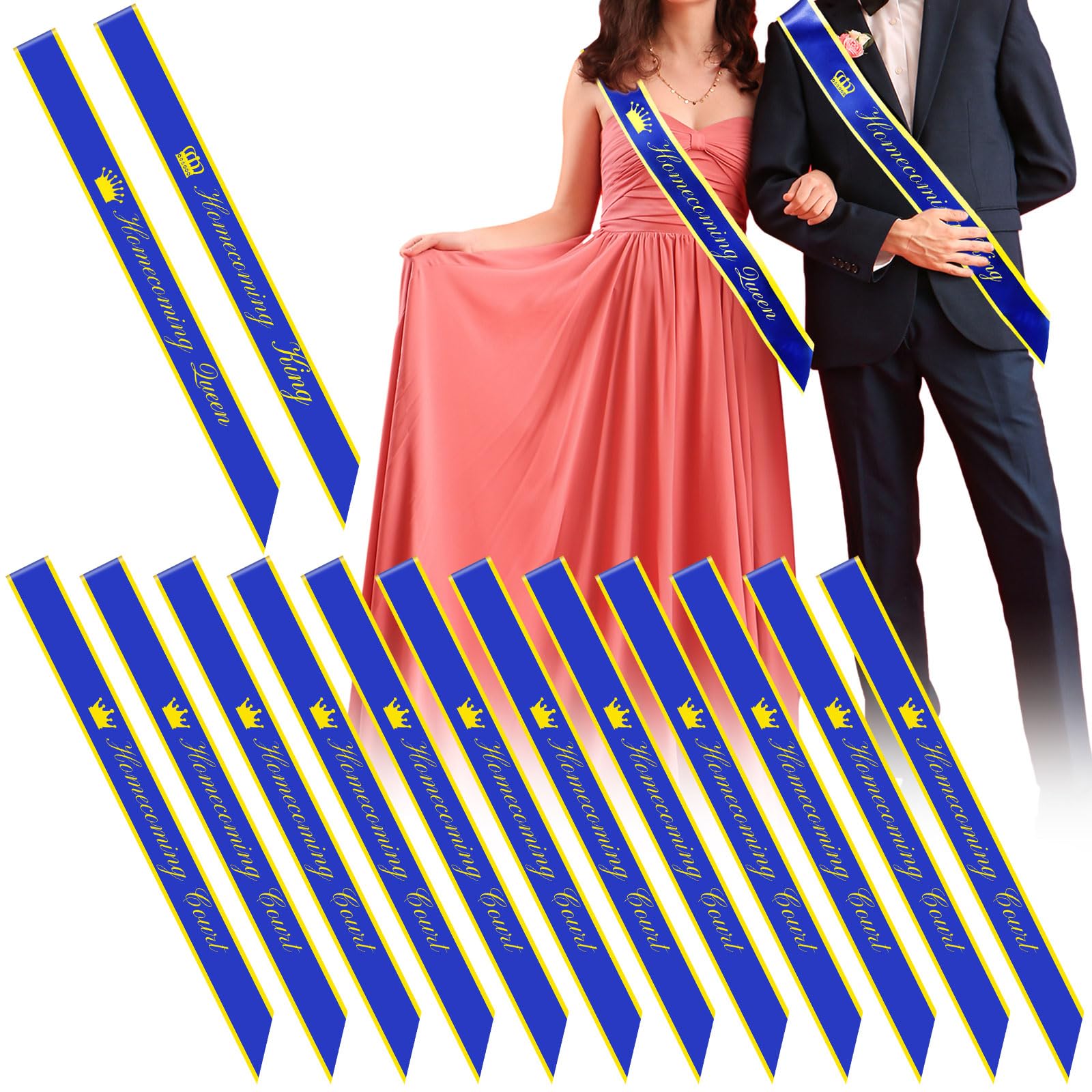 Lasnten 14 Pcs Homecoming Party Prom Sashes, Including 12 Pcs Homecoming Court Sashes and 2 Pcs Crown Prom King and Queen Sashes for Homecoming School Party Accessories (Blue, Gold)