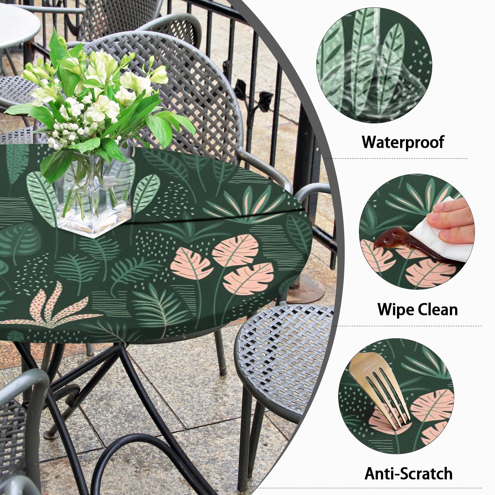 Britown Tropical Palm Leaf Round Outdoor Tablecloth With Umbrella Hole, Fitted Table Cover With Zipper, Outdoor Camping Essentials, Waterproof Umbrella Table Cloth with elastic (45''-54'')