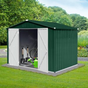 Jintop 6x8 FT Outdoor Storage Shed with Punched Vents and Hinged Door/Padlock,Metal Aluminum Garden Sheds w/Waterproof Roofs,Easy to Assemble,for Bike, Barbeque,Tool,Green+White