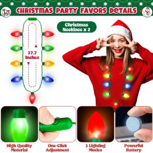 Christmas Party Favors, 2PCS Light Up Christmas Necklace, 3 Modes Christmas Necklace, LED Christmas Accessories for Kids Red Yellow Blue Green Bulbs Glow Necklaces New Year Ugly Sweater Party