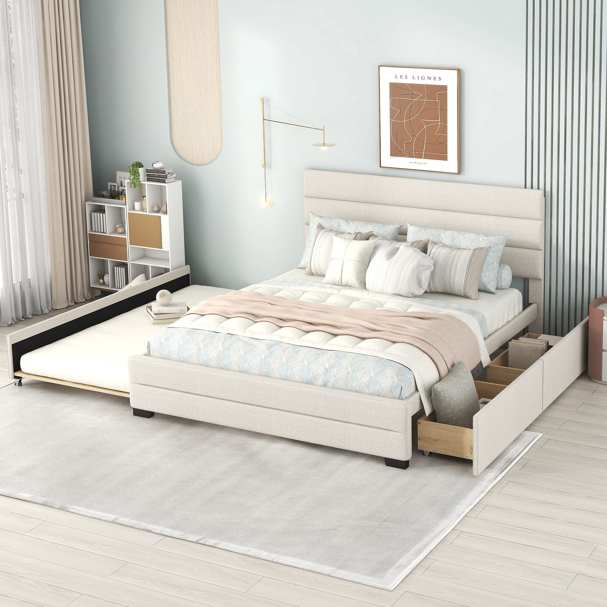 Harper & Bright Designs Queen Size Bed with 2 Storage Drawers & a Twin Trundle, Upholstered Platform Frame with Tufted Headboard, Linen Fabric, No Box Spring Needed,Beige