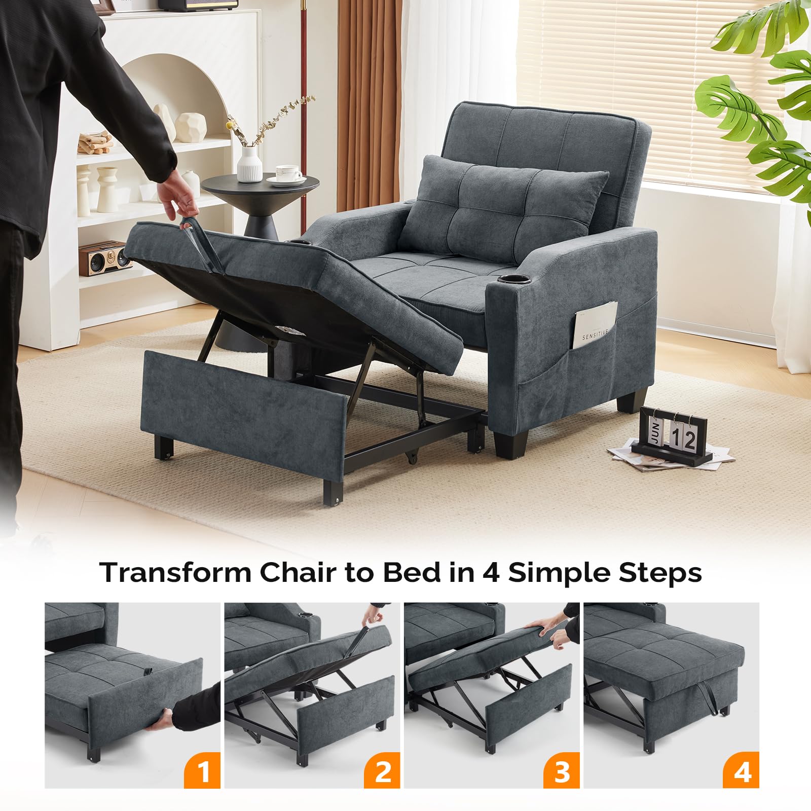 VINGLI Dark Grey Sleeper Chair Bed 3-in-1 Convertible Futon Sofa Bed Pull Out Couch Bed Adjustable Recliner Chair with USB Ports Cup Holders Side Pockets for Living Room Bedroom Small Spaces