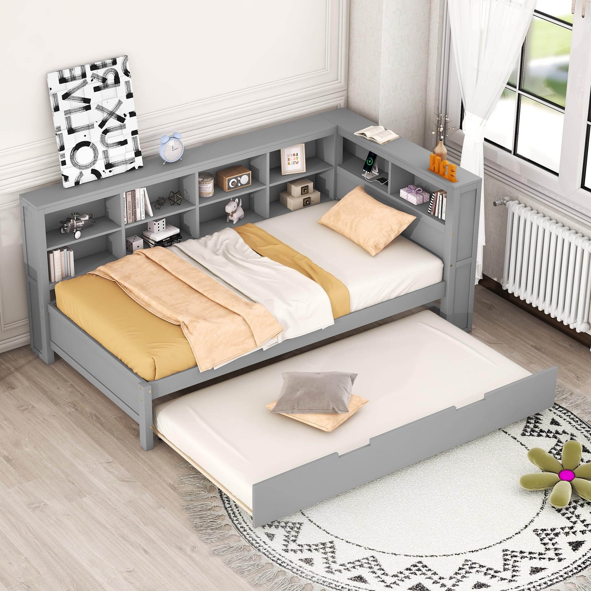 Twin Daybed with Trundle and Bookcase Headboard, Wood Platform Bed Frame with Charging Station and Storage Shelves, USB Port and Outlet Plug, No Box Spring Needed, Gray