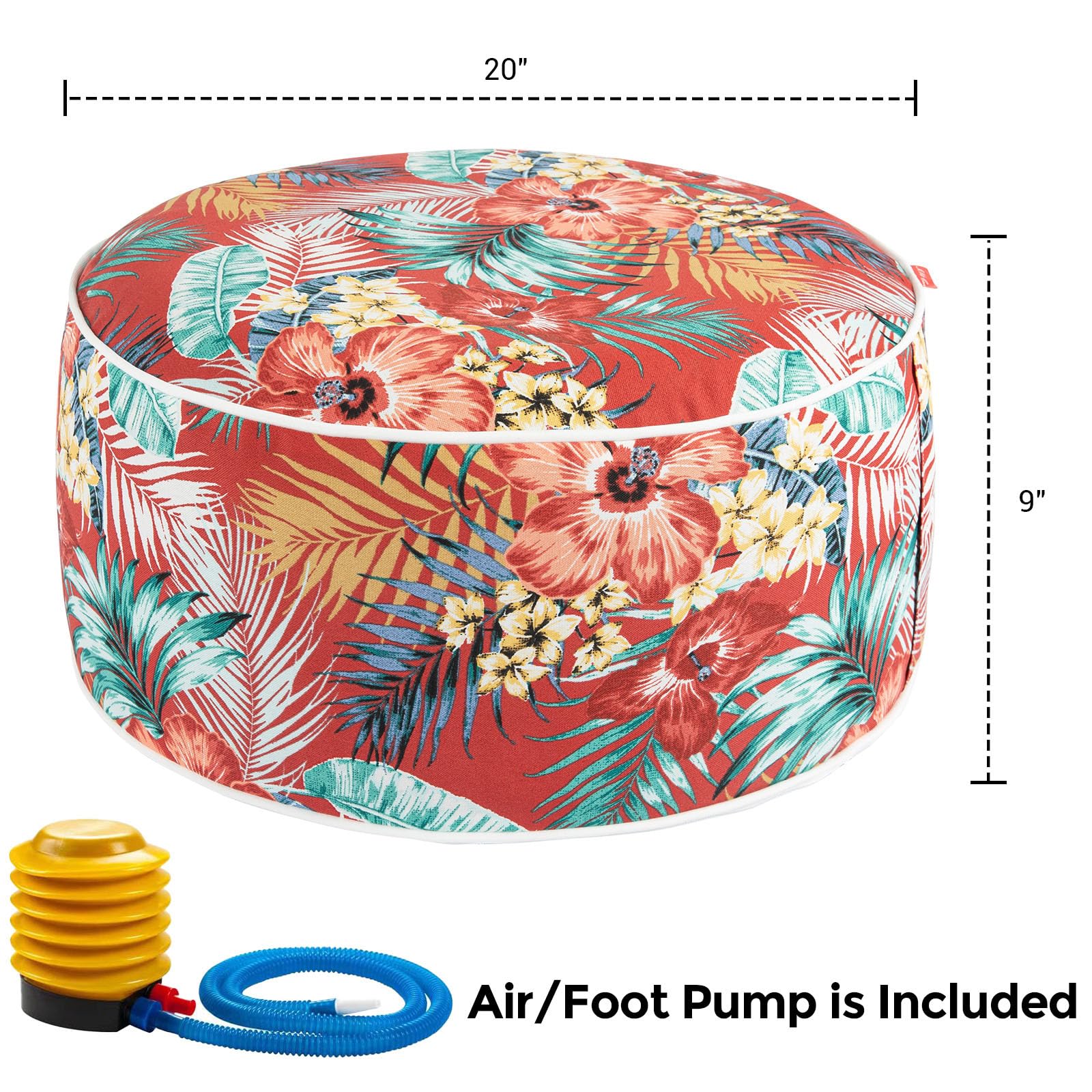 IN4 Care Outdoor/Indoor Inflatable Ottoman Pouf D20 xH9, All Weather Round Footstool with Foot Pump, Water Repellent Portable Footrest with Handle for Patio Garden Camping Travel-Chili Red Floral