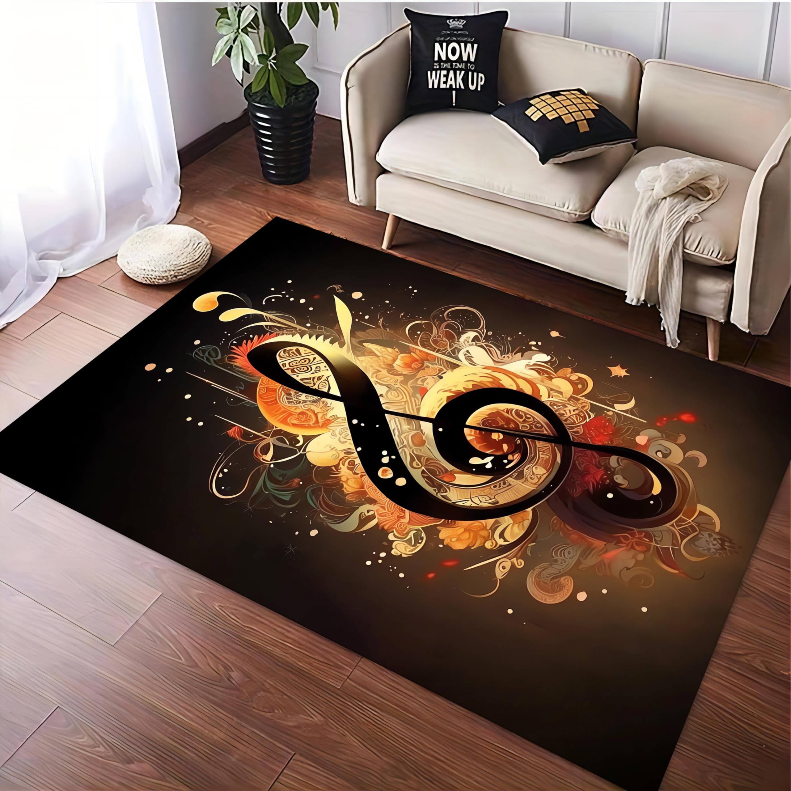 USHIRUG Modern Note Area Rug, 6x8ft, Black Note Gold Floral Fashion Art Large Rug, Indoor Non-Slip Girls Bedroom Rug, Washable Soft Low Pile Rug Suitable for Living Room Hallway Music Room