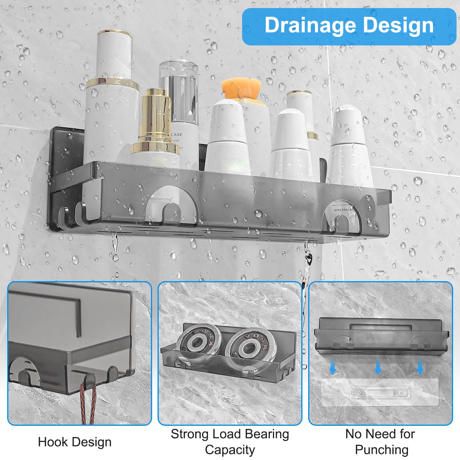 4-in-1 Shower Caddy, Adhesive Shelf with Soap Dish & Toothbrush Holder, Shower Shelves with Hooks, No Drilling Shower Storage for Home & Kitchen Decor, Wall Mounted Shower Shelf for Inside Shower