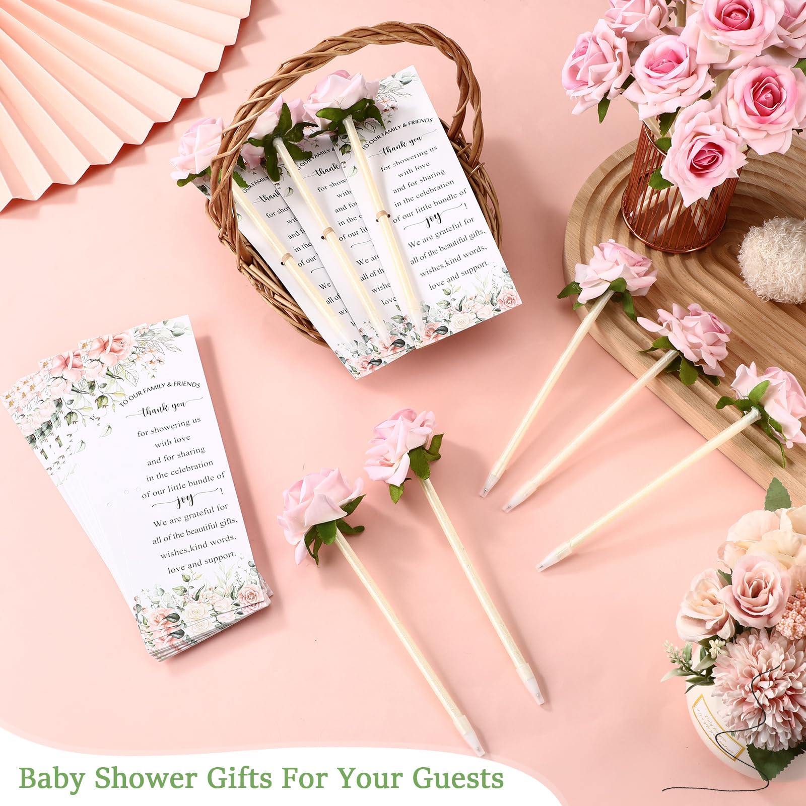 Spakon 50 Sets Baby Shower Party Favors Pen for Guests withThank you cards,Baby Shower Gifts Artificial Rose Flowers Ballpoint Pen for Guests Friends Baby Shower Gender Reveal Party Souvenir Prizes