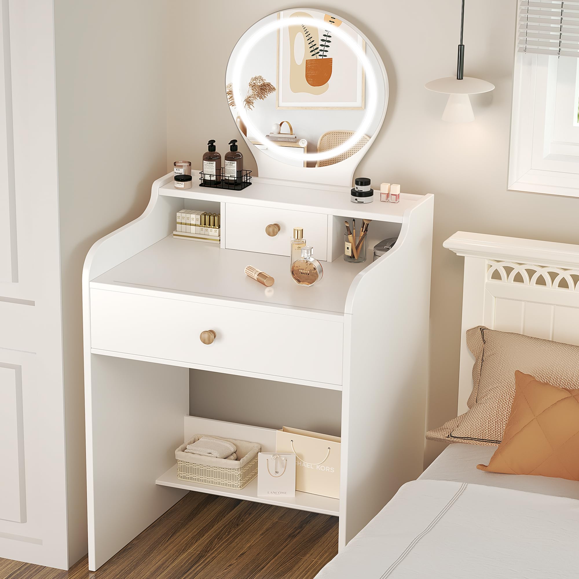 LIVELYGLOW Small Vanity Desk Set with Round Mirror and Light- Vanity Desk with Drawer- White