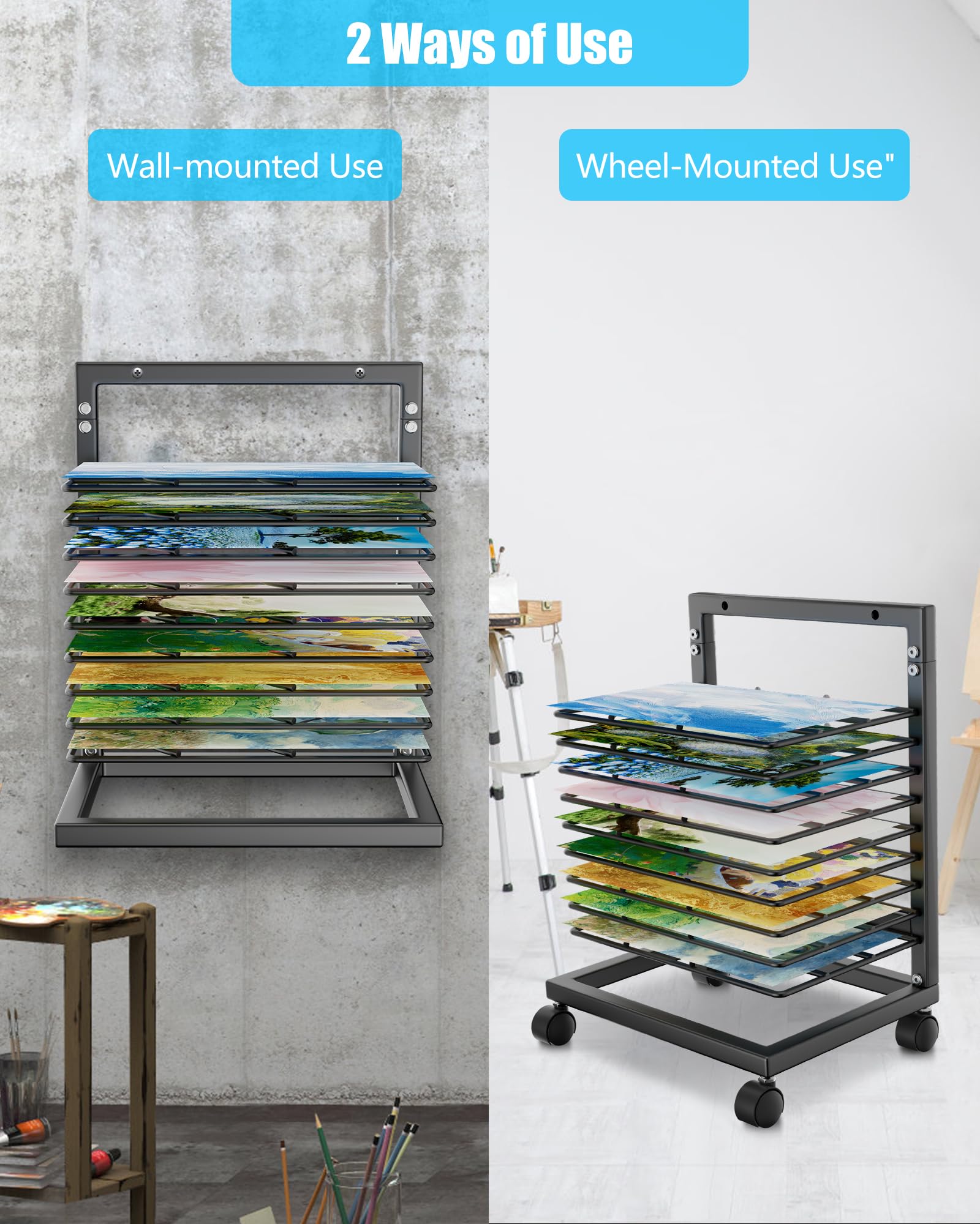 WISIMMALL Art Drying Rack, Paint Drying Rack with 9 Removable Shelves,Wall Art Storage Drying Rack with Wheels for Classrooms & Art Studios(9 Shelves)