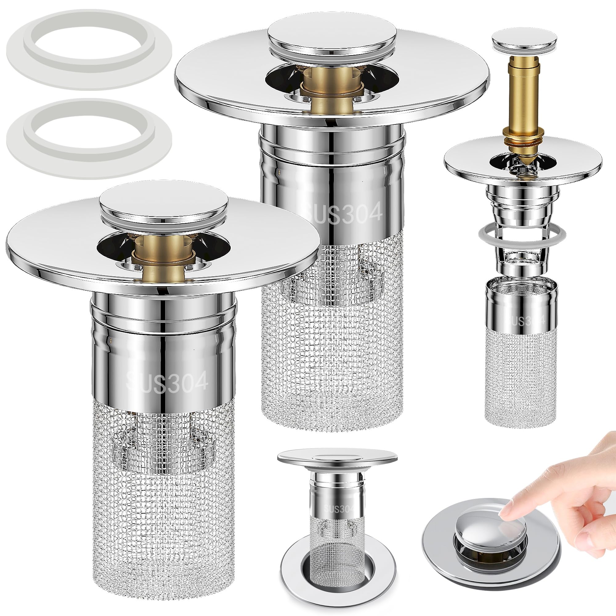 2 Pack Pop Up Bathroom Sink Stopper, Universal Bathroom Sink Drain Strainer with Removable Anti-Clogging Filter Basket, Bathroom Drain Stopper for 1.1"-1.3" Basin Drain Holes