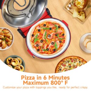 Upgrade Davivy 12" Indoor Electric Pizza Oven with Timer & Stone & Grill Pan, Countertop Pizza Oven Heats up to 800˚F, Portable Indoor Pizza Oven Cooker Countertop, Electric Indoor Pizza Cooker -Red