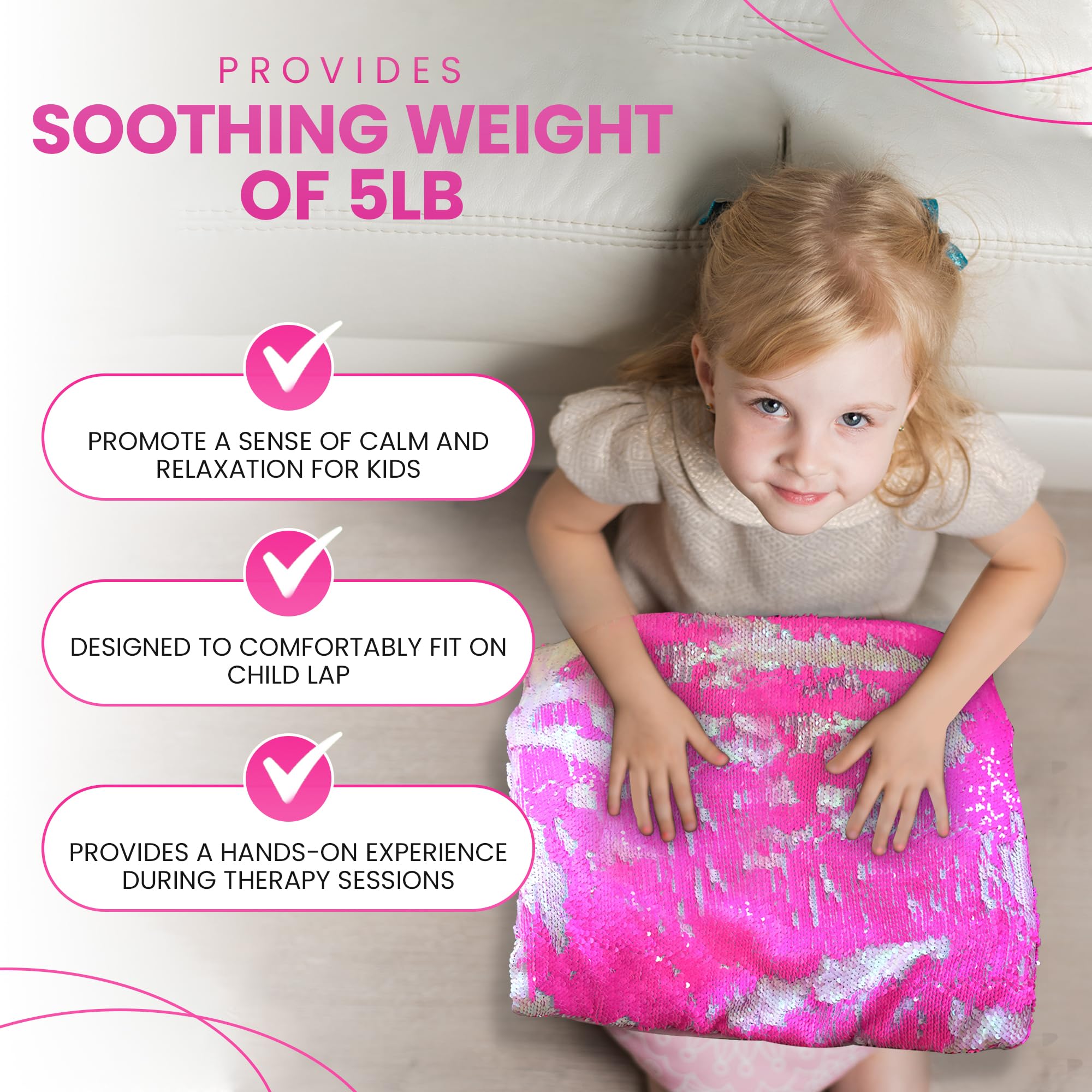 SENSORY4U Weighted Lap Pad for Kids - 5lb Sensory Lap Blanket with Sequin Flip Fabric for Tactile Stimulation Engagement - Sensory Companion for Everyday Use (Pink)