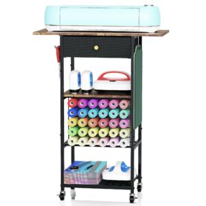 rolling craft table with storage with 30 vinyl roll holder and drawer, craft storage cart compatible with cricut machines, craft storage cabinet organizer workstation for craft room home (black)