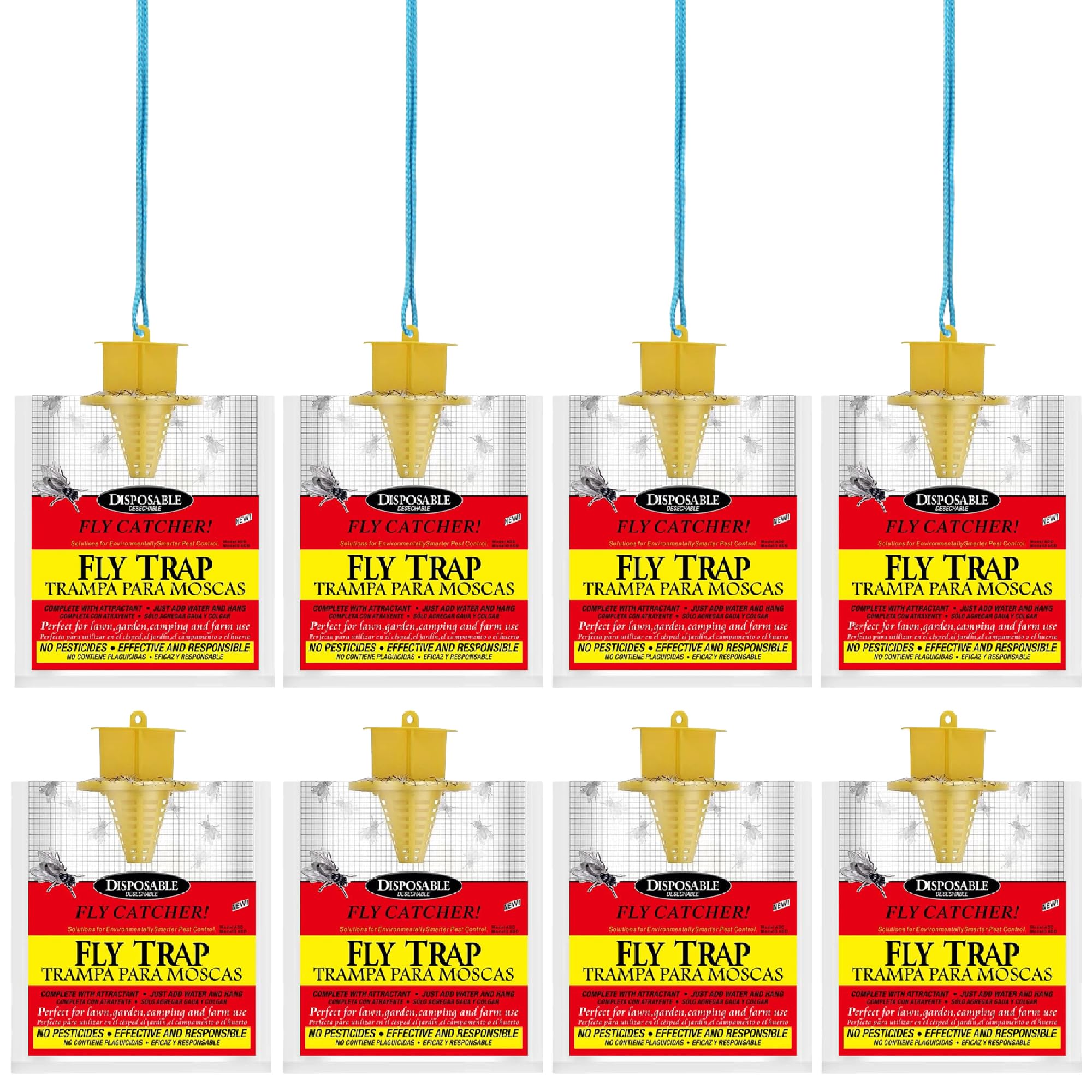 Outdoor Fly Traps 8 Pack with Adjustable Hanging Strings (8 PCS), Disposable Hanging Fly Traps with Natural Pre-Baited Bags | Effective Fly Killer for Backyard, Patio, Park or Farm Red