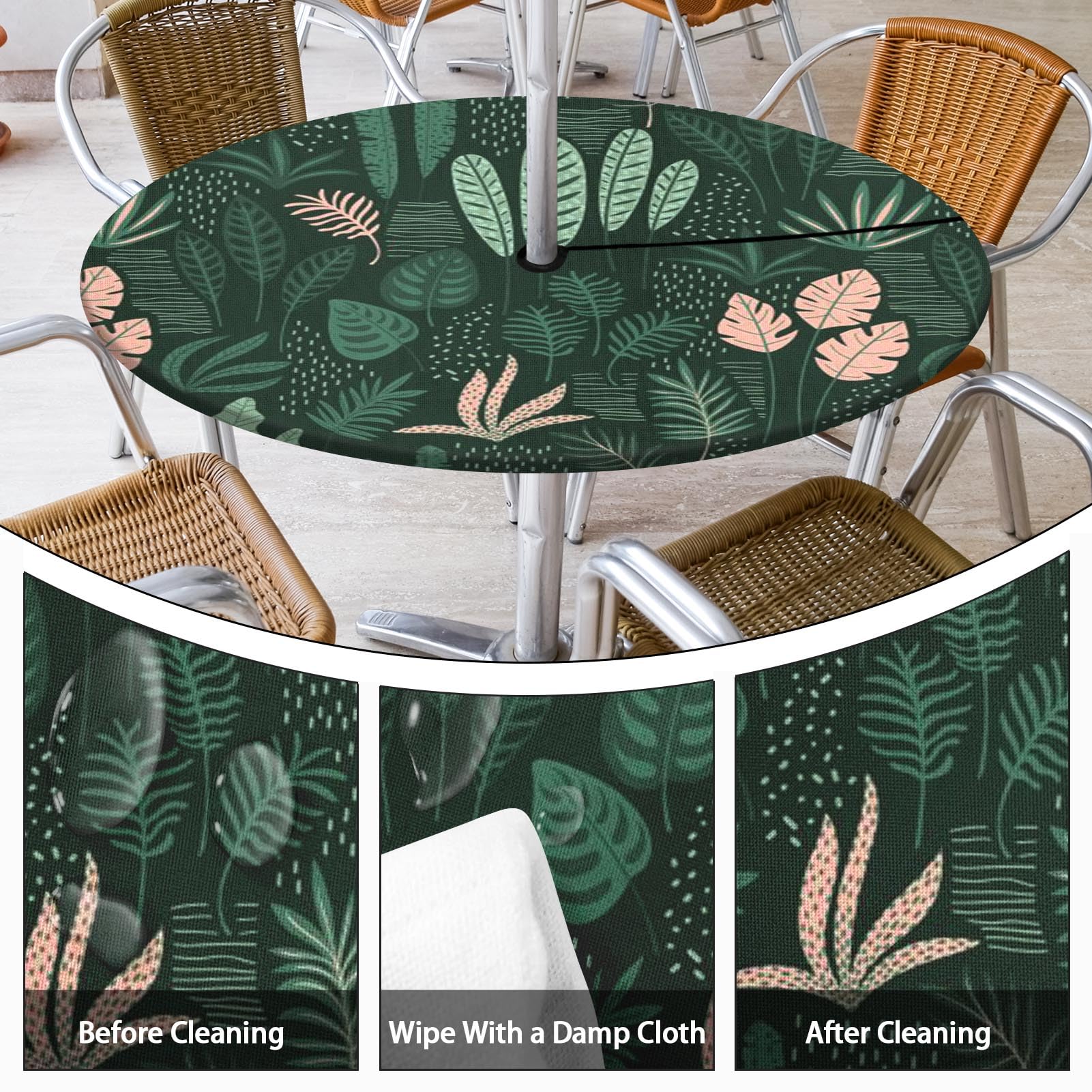 Britown Tropical Palm Leaf Round Outdoor Tablecloth With Umbrella Hole, Fitted Table Cover With Zipper, Outdoor Camping Essentials, Waterproof Umbrella Table Cloth with elastic (45''-54'')