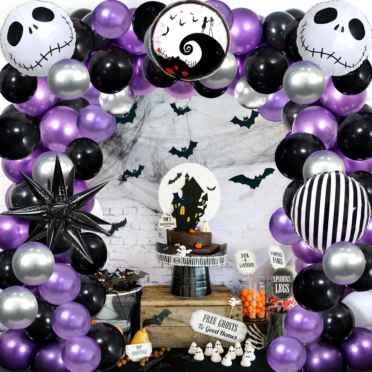 Nightmare Before Christmas Balloons Decorations Skull Halloween Party Decorations Balloon Garland Kit Purple Black Balloon Arch with Skull Balloons for Halloween Birthday Baby Shower Decorations