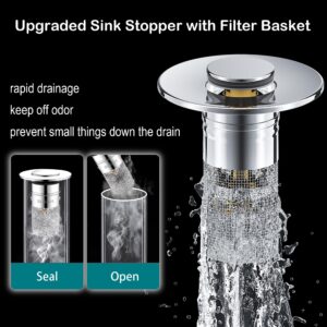 2 Pack Pop Up Bathroom Sink Stopper, Universal Bathroom Sink Drain Strainer with Removable Anti-Clogging Filter Basket, Bathroom Drain Stopper for 1.1"-1.3" Basin Drain Holes