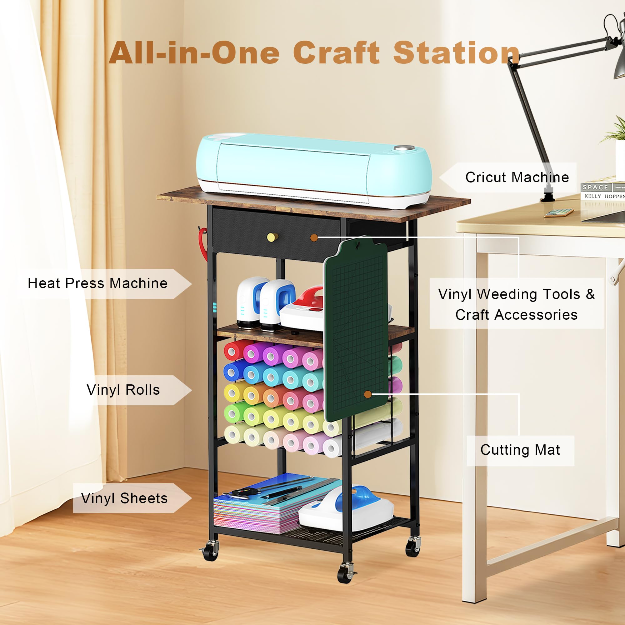 Rolling Craft Table with Storage with 30 Vinyl Roll Holder and Drawer, Craft Storage Cart Compatible with Cricut Machines, Craft Storage Cabinet Organizer Workstation for Craft Room Home (Black)