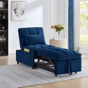 bellemave 4 in 1 convertible sleeper sofa chair, single pull out couch with 6-level adjustable backrest&pillows,modern velvet sofa bed with storage pockets for bedroom living room small space（navy）