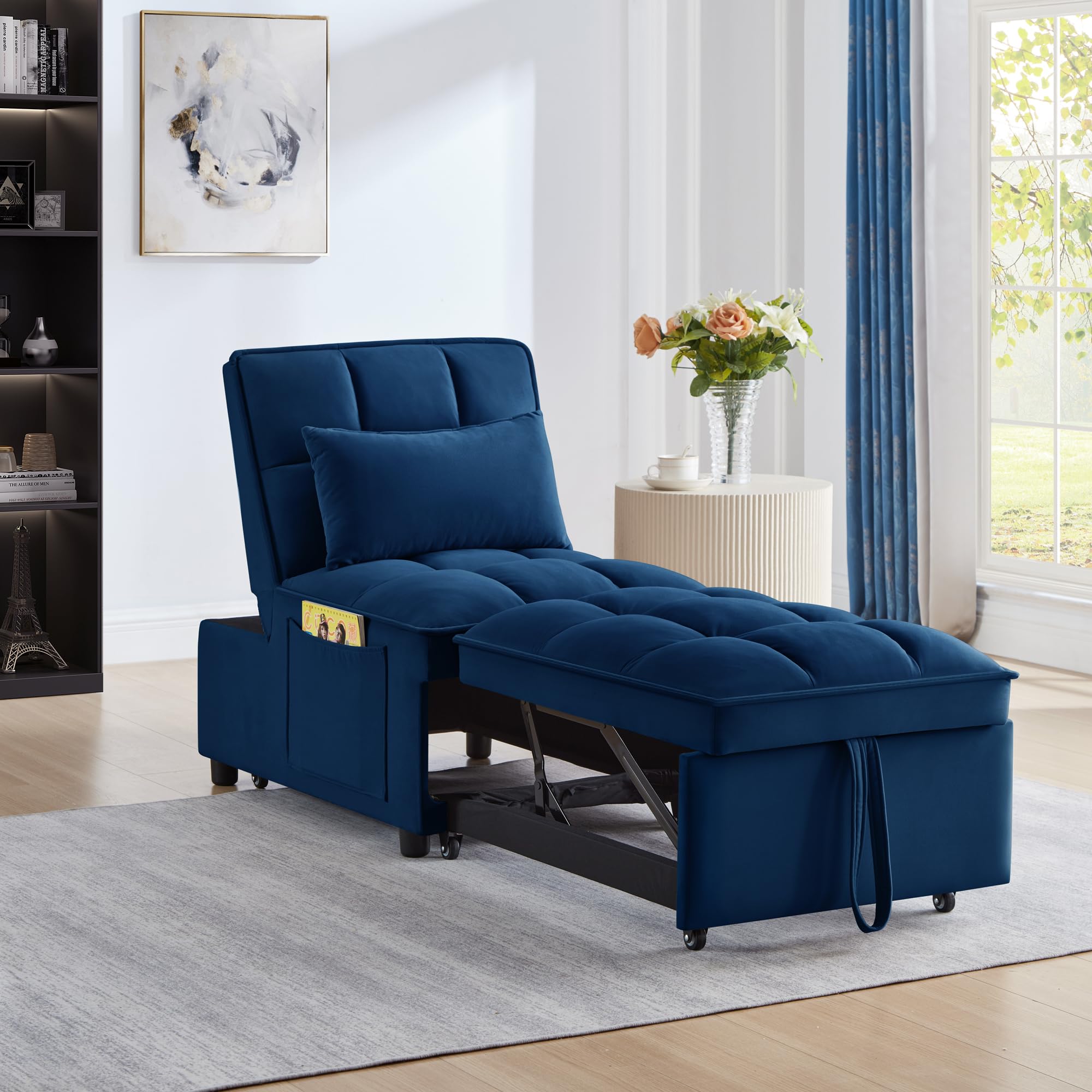 Bellemave 4 in 1 Convertible Sleeper Sofa Chair, Single Pull Out Couch with 6-Level Adjustable Backrest&Pillows,Modern Velvet Sofa Bed with Storage Pockets for Bedroom Living Room Small Space（Navy）