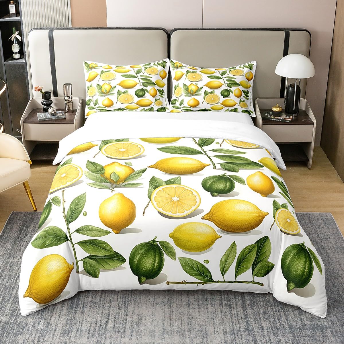 Manfei Lemon 100% Nature Cotton Duvet Cover,Yellow Summer Fruits Botanical Leaves Bedding Set for Room Decor,Rustic Farmhouse Style All Season Bedding with Zipper Closure Queen Size