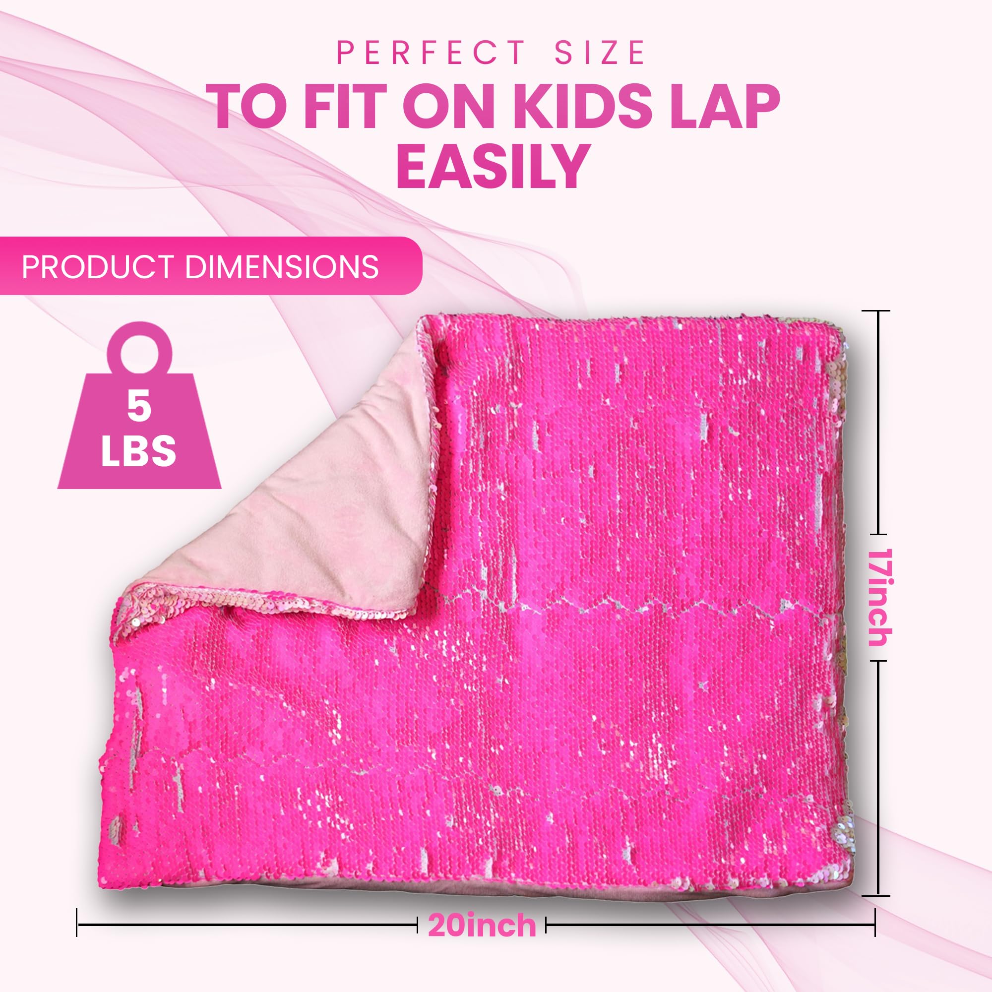 SENSORY4U Weighted Lap Pad for Kids - 5lb Sensory Lap Blanket with Sequin Flip Fabric for Tactile Stimulation Engagement - Sensory Companion for Everyday Use (Pink)