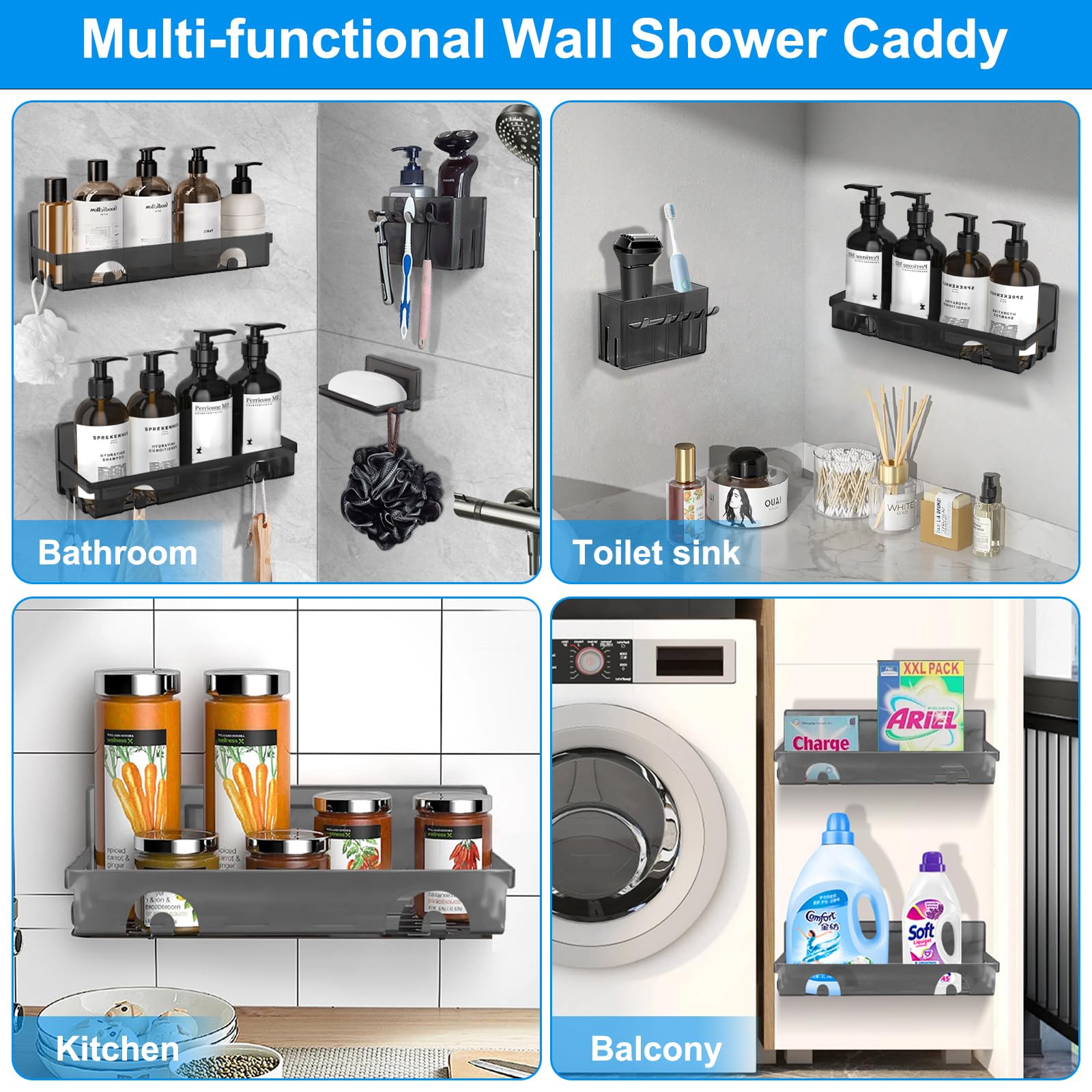 4-in-1 Shower Caddy, Adhesive Shelf with Soap Dish & Toothbrush Holder, Shower Shelves with Hooks, No Drilling Shower Storage for Home & Kitchen Decor, Wall Mounted Shower Shelf for Inside Shower