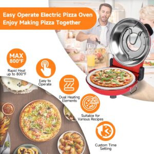 Upgrade Davivy 12" Indoor Electric Pizza Oven with Timer & Stone & Grill Pan, Countertop Pizza Oven Heats up to 800˚F, Portable Indoor Pizza Oven Cooker Countertop, Electric Indoor Pizza Cooker -Red