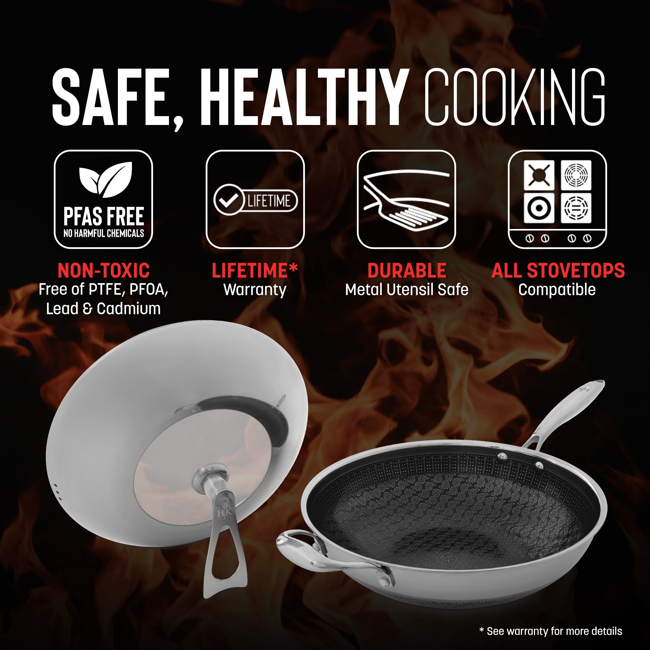 Hell's Kitchen Hybrid 12” Wok Pan and lid, Tri-Clad Stainless Steel and Nonstick Ceramic, PFAS Free, no PFOA, PTFE, or Teflon, Non Toxic Cookware, Metal Utensil Safe, All Cooktops and Oven Safe