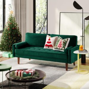 onbrill loveseat sofa 68", mid century modern sofas couches for living room,green velvet couch for small spaces, solid wooden frame, back cushions and tapered wood legs easy to install