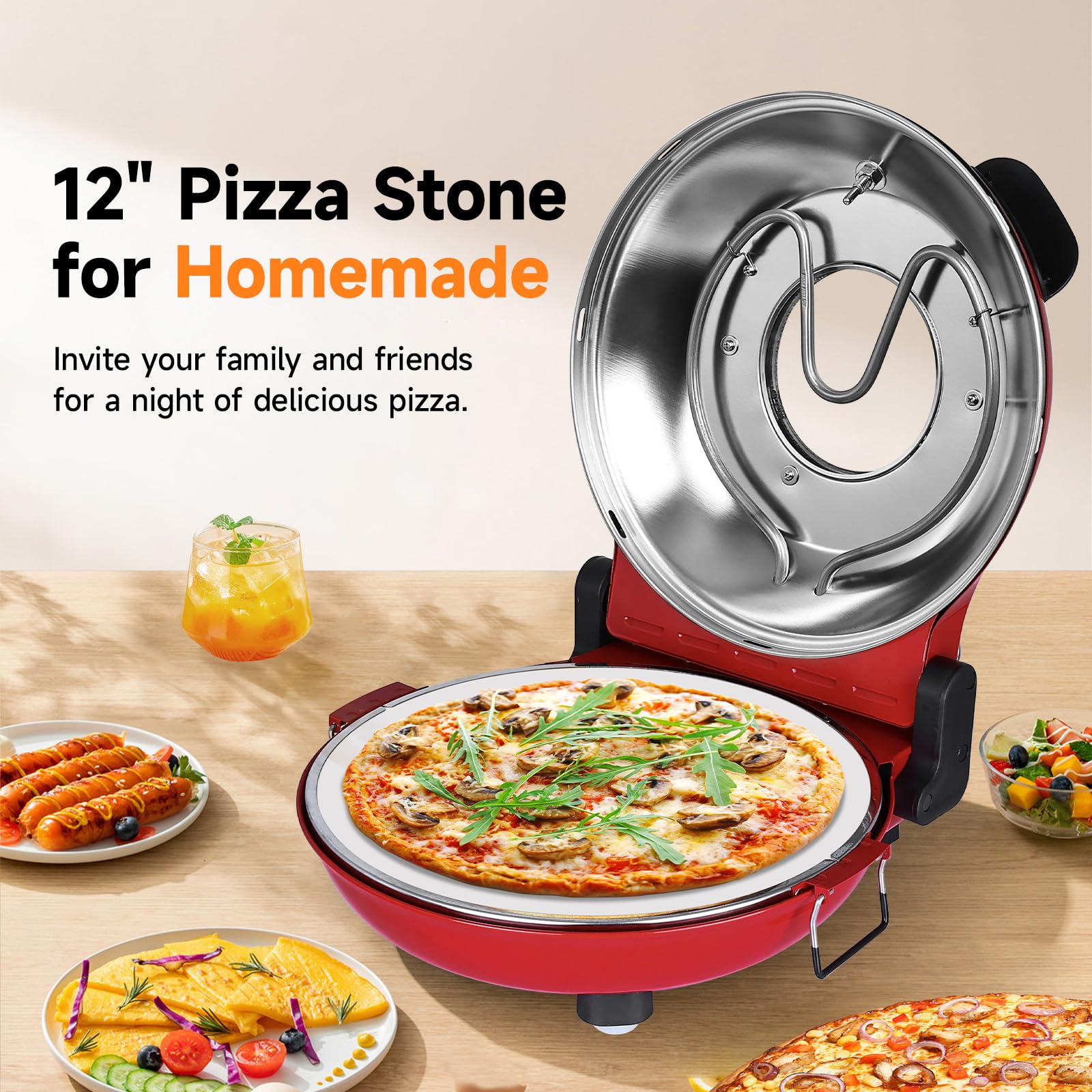 Upgrade Davivy 12" Indoor Electric Pizza Oven with Timer & Stone & Grill Pan, Countertop Pizza Oven Heats up to 800˚F, Portable Indoor Pizza Oven Cooker Countertop, Electric Indoor Pizza Cooker -Red