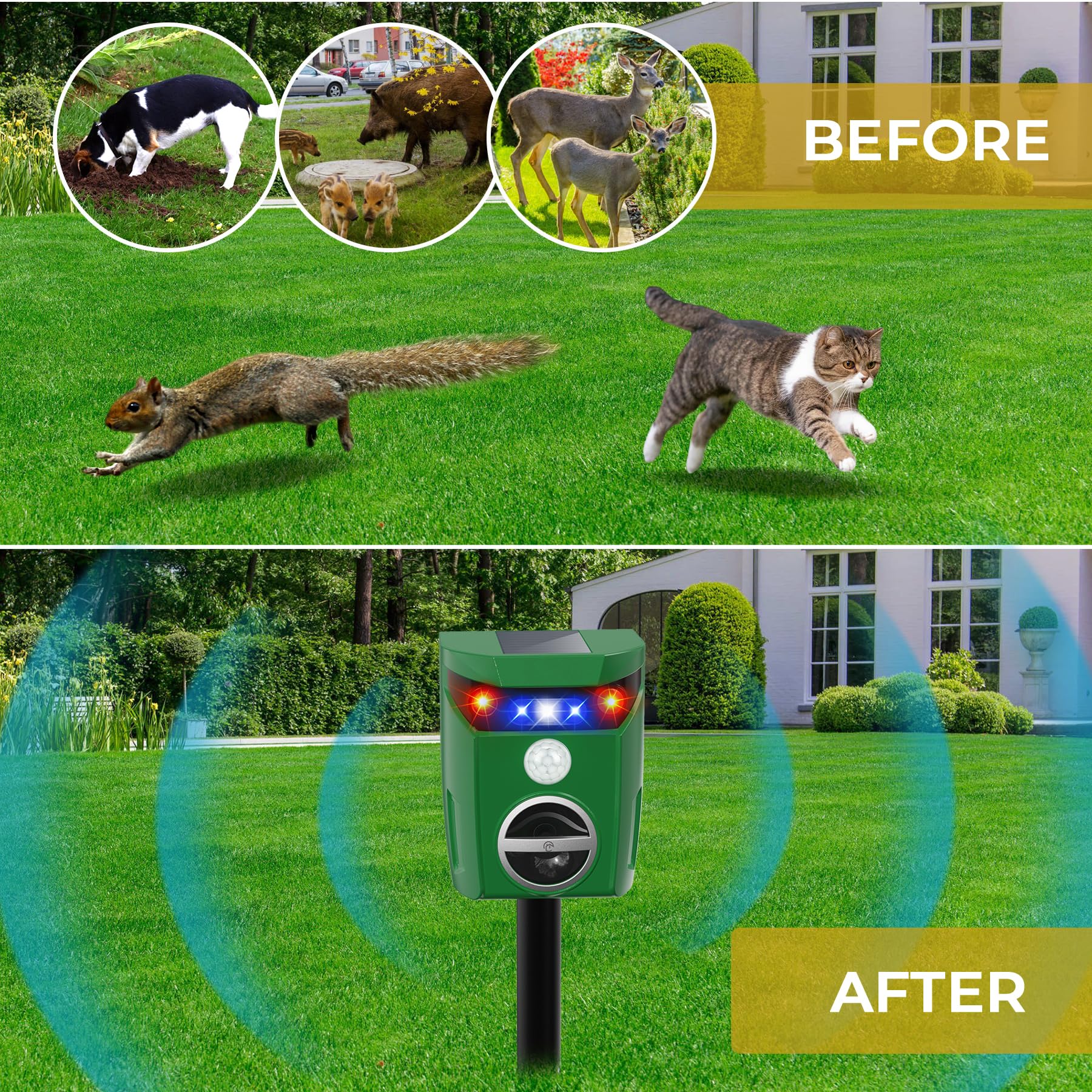 CritterTec Solar Powered Ultrasonic Animal Repellent with Flashing Lights and Adjustable Alarm Waterproof Motion Activated Cat Dog Deer Repellent for Yard Garden Farm Lawn 2 Pack