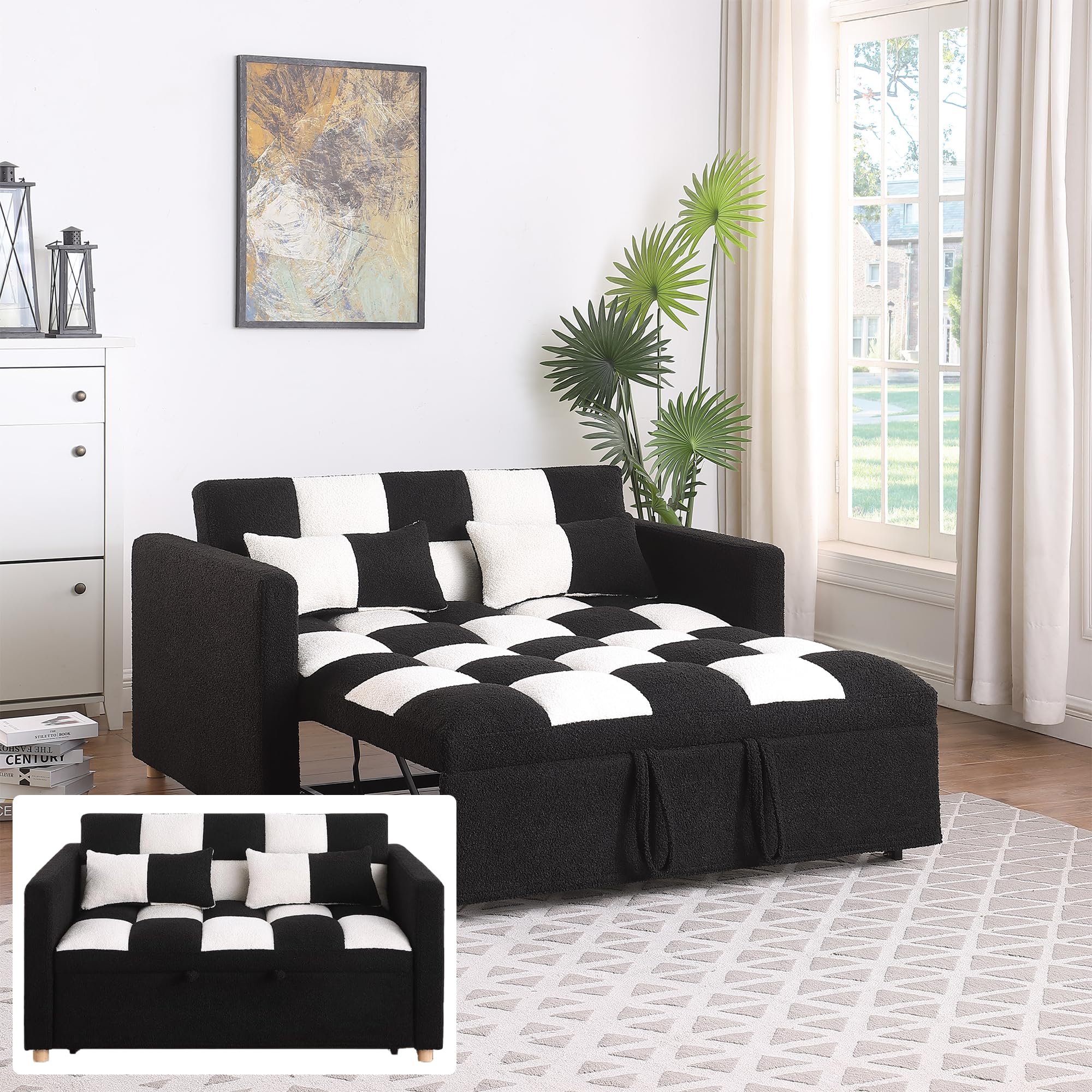 YESER Twin Sofa Bed, Sleeper Sofa Couch with Pullout Bed, Teddy Fabric Sleeper Chair Lounge Sofa, Adjustable Pull Out Couch Home Sofa Living Room, Loveseat Sofa 3 in 1convertible Sofa Bed, Black