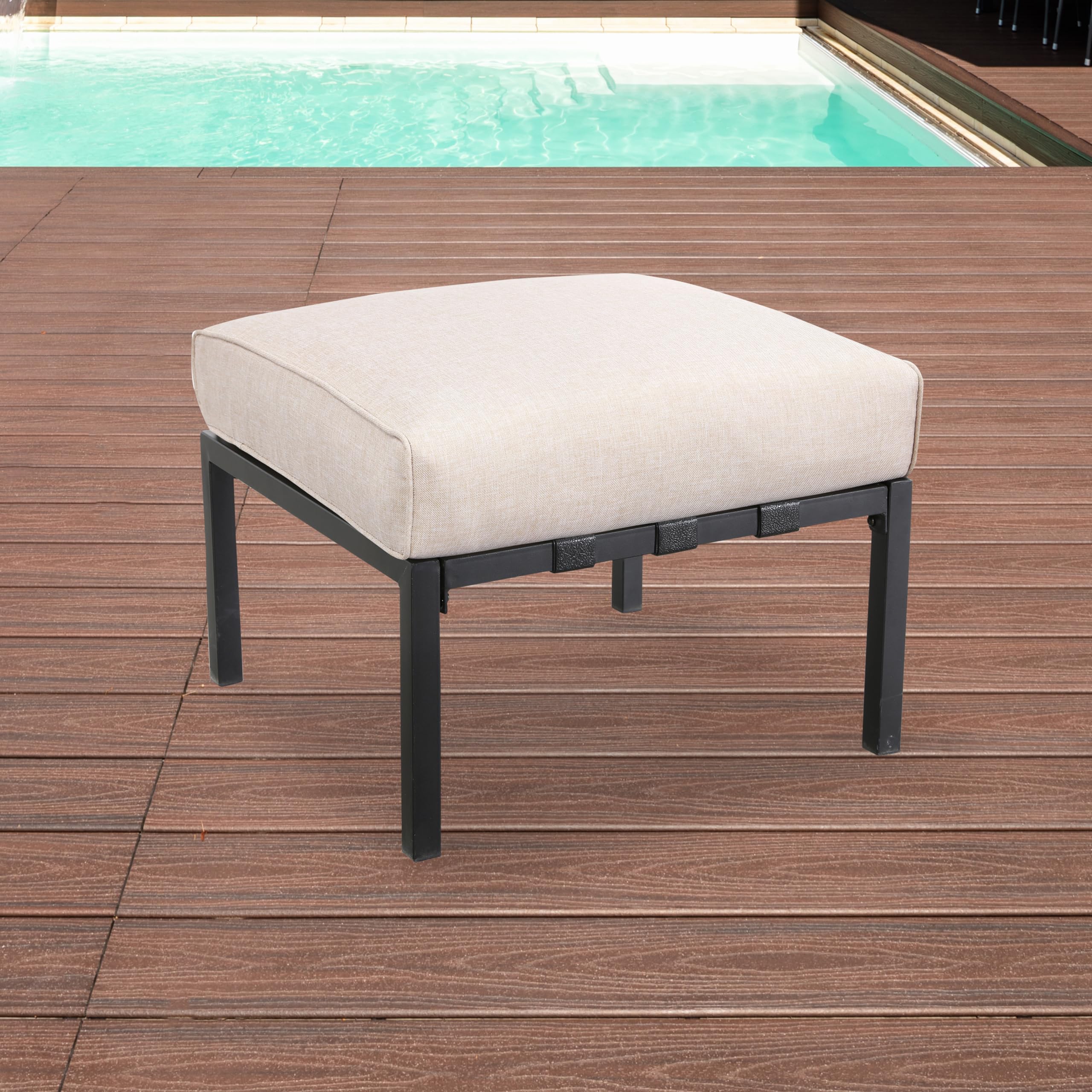 LOKATSE HOME Outdoor Patio Ottoman Metal Footstool with Soft Thick Cushion for Backyard Deck Lawn Garden, Beige