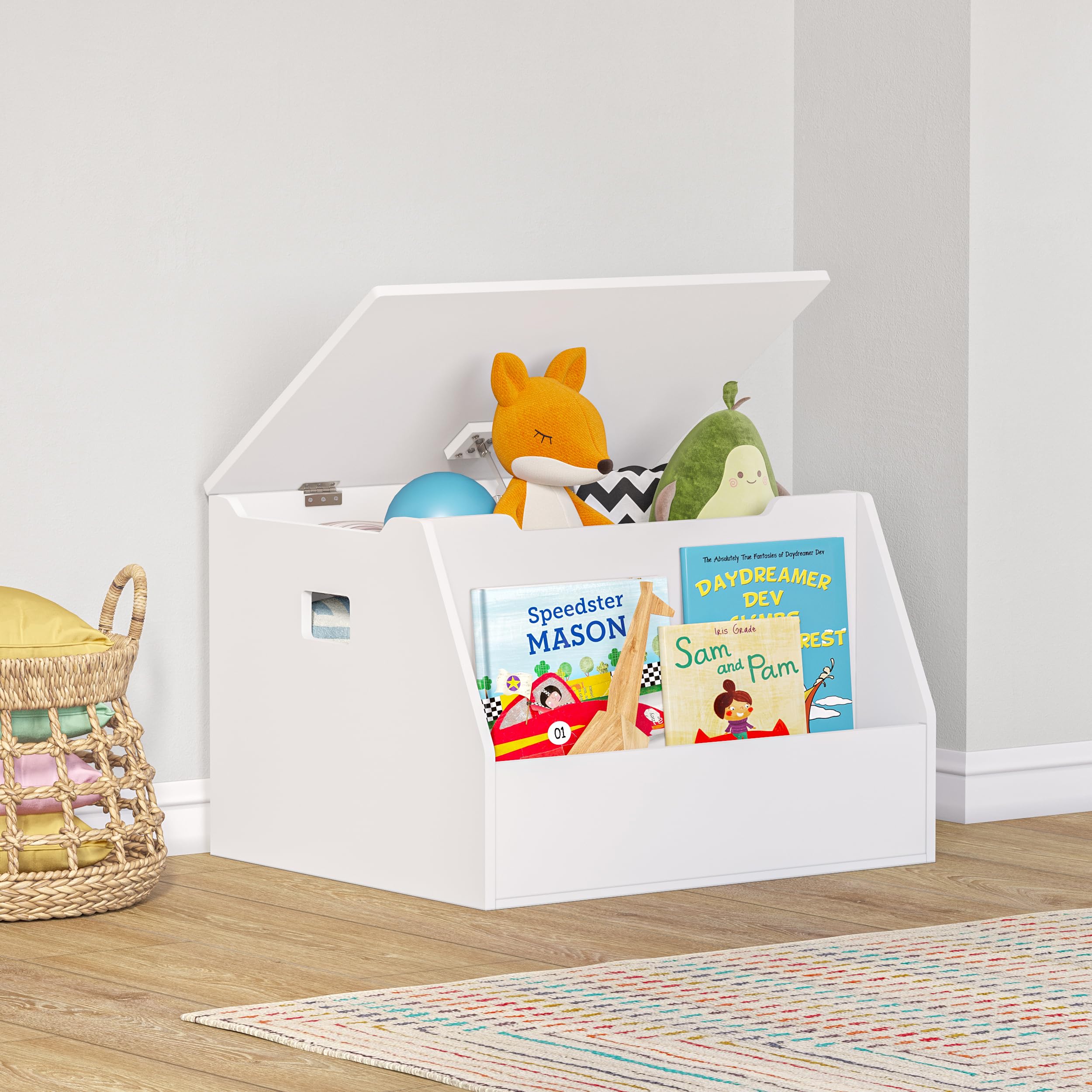 RiverRidge Kids Toy Box Storage With Front Bookrack Kids Room Toy Chest Organizer with Pinch-Free Lid