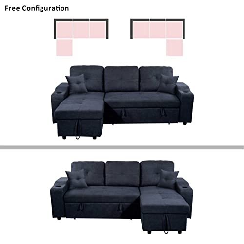 Eafurn L-Shaped Convertible Sleeper Sectional Sofa Couch Bed w/Chaise Lounge & Cup Holders, Reversible Corner Couch w/Pull Out Bed& Storage, 4 Seater Tufted Pullout Sofabed for Living Room Office